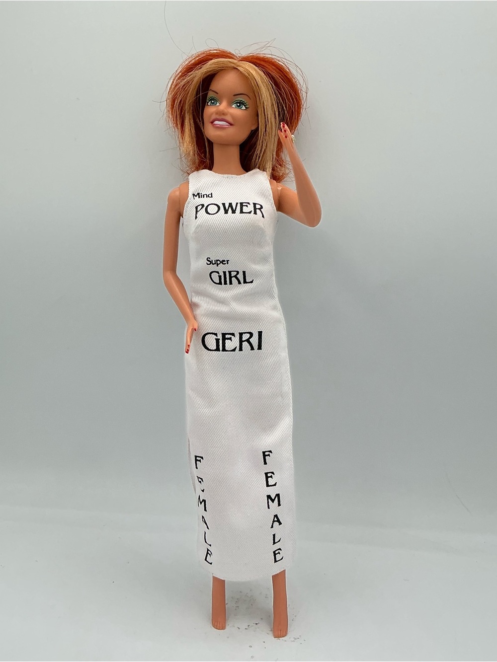 1998 Spice Girls Geri Halliwell "Ginger Spice" with a white "Girl Power” dress